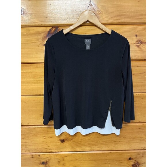Chicos Travelers 0 Blouse Layered Shirt Zip Black Cream Women’s Small - Picture 1 of 4